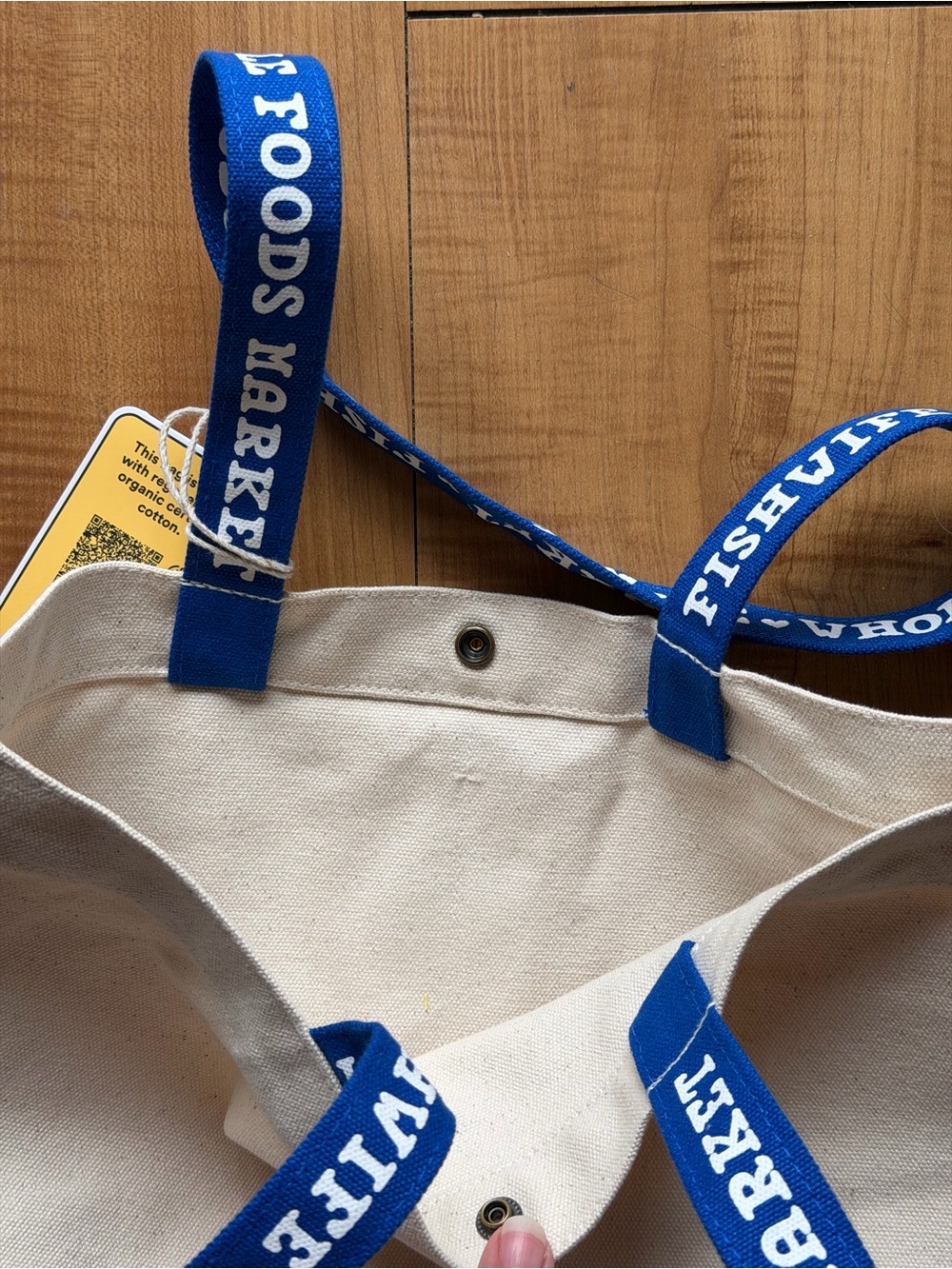 Whole Foods Market Fishwife Canvas Tote Bag in Natural with Blue Handles - Picture 6 of 11